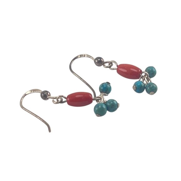 Handcrafted Silver Hook Earrings With Red & Turquoise Beads Boho - Picture 5 of 6